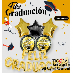 SET DE GLOBOS METALIZADO FELIZ GRADUACION ORO 20 UNIDADES X 1